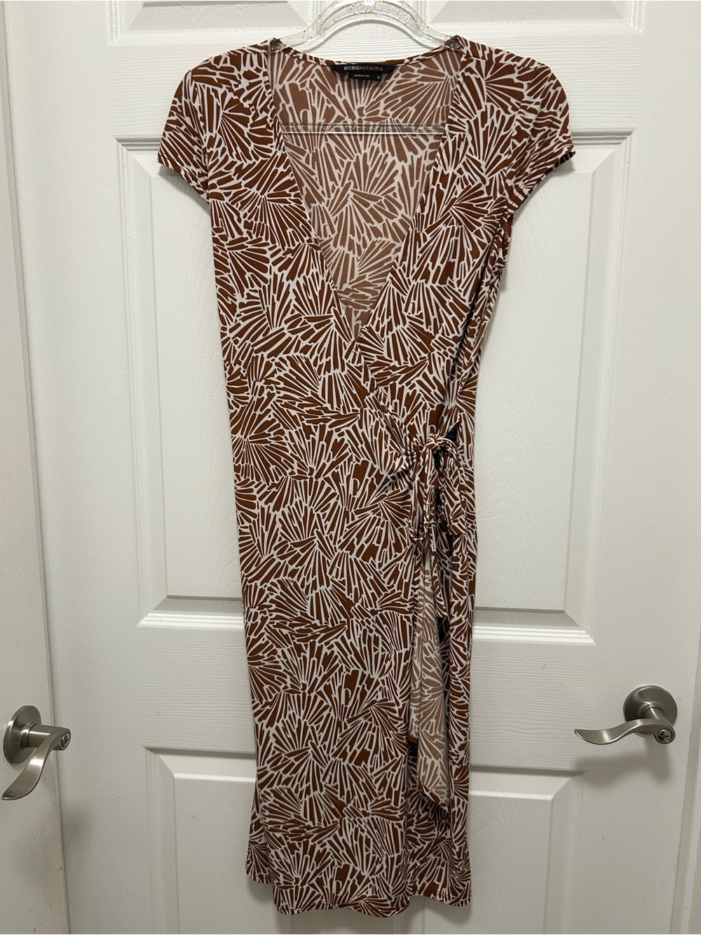 BCBGMaxAzria Brown and White Printed Wrap Midi Dress
